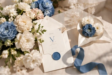 Dettagli illustrativi di un evento con fiori e nastro azzurro